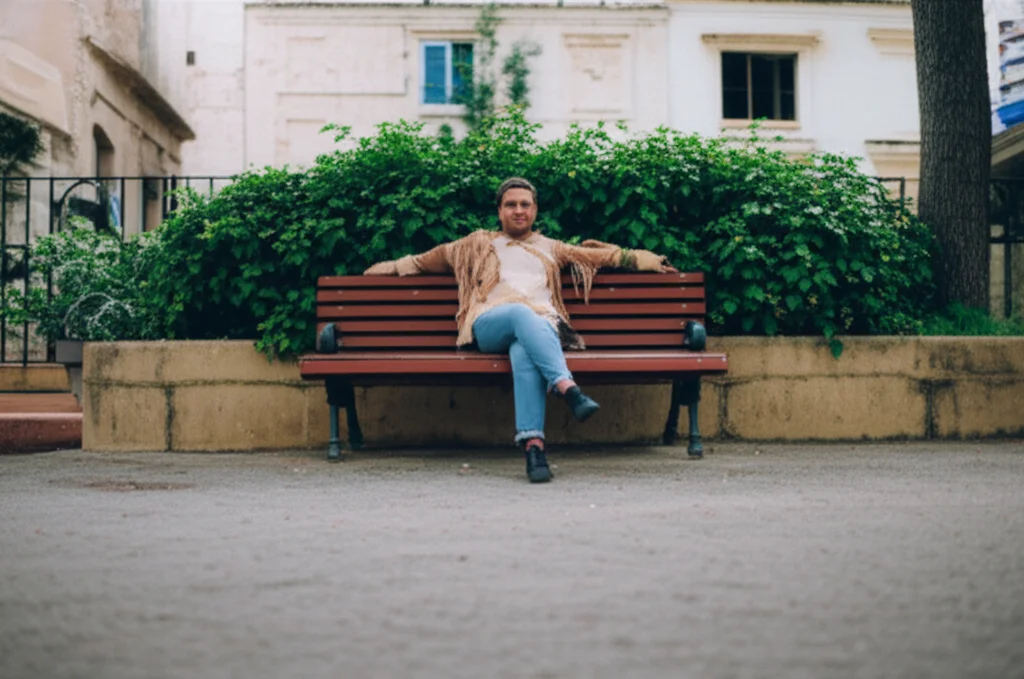 Portrait photography, 35mm lens, depth of field, a person sitting on a bench in a quiet urban park surrounded by greenery in a Karst city, looking relaxed.