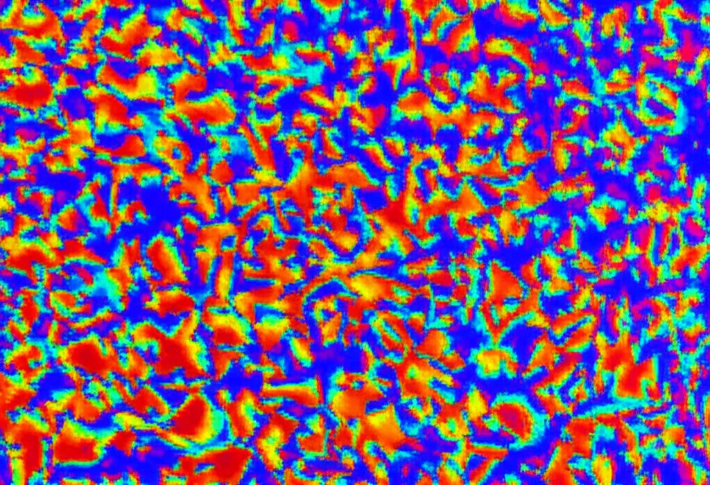 Macro lens, 80mm, high detail, controlled lighting, showing a false-color electron back-scatter diffraction (EBSD) map of a metal alloy, revealing different grain orientations and boundaries.