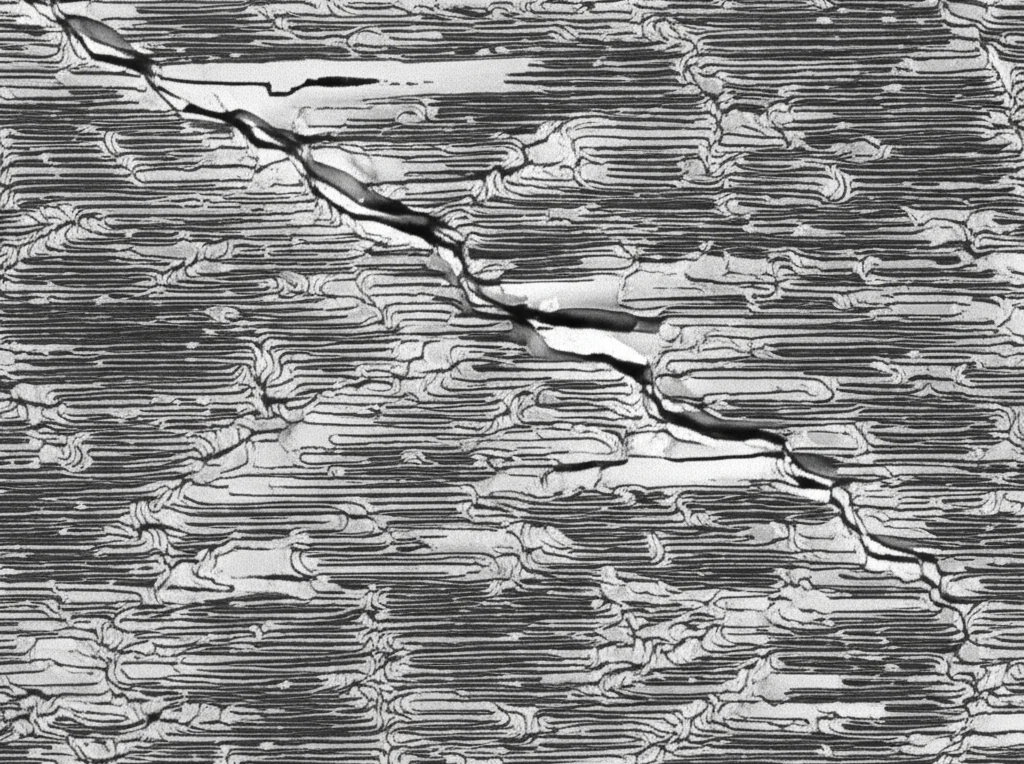 Macro lens, 100mm, high detail, precise focusing, controlled lighting, showing a transmission electron microscopy (TEM) image of a metal alloy, detailing dislocation lines interacting with small precipitates.