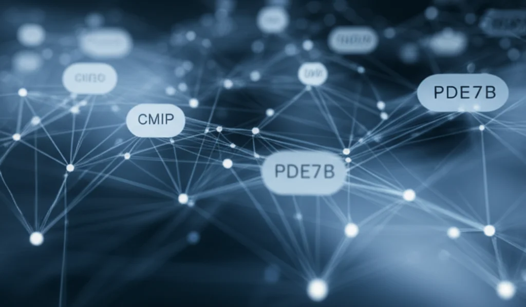 Abstract representation of cellular signaling pathways, glowing lines and nodes connecting molecules like CMIP, PDE7B, and cAMP, depth of field, 35mm portrait lens, blue and grey duotones.
