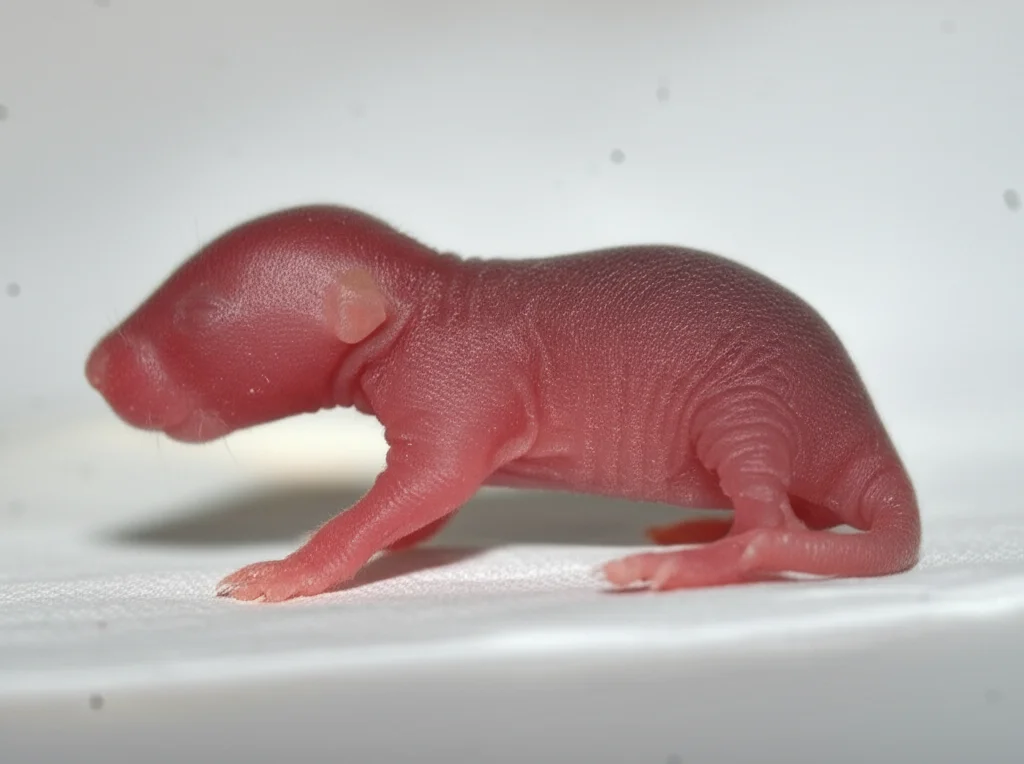 Telephoto zoom, 100mm, image of a healthy newborn rat pup, fast shutter speed, action or movement tracking, representing successful outcome in animal model.