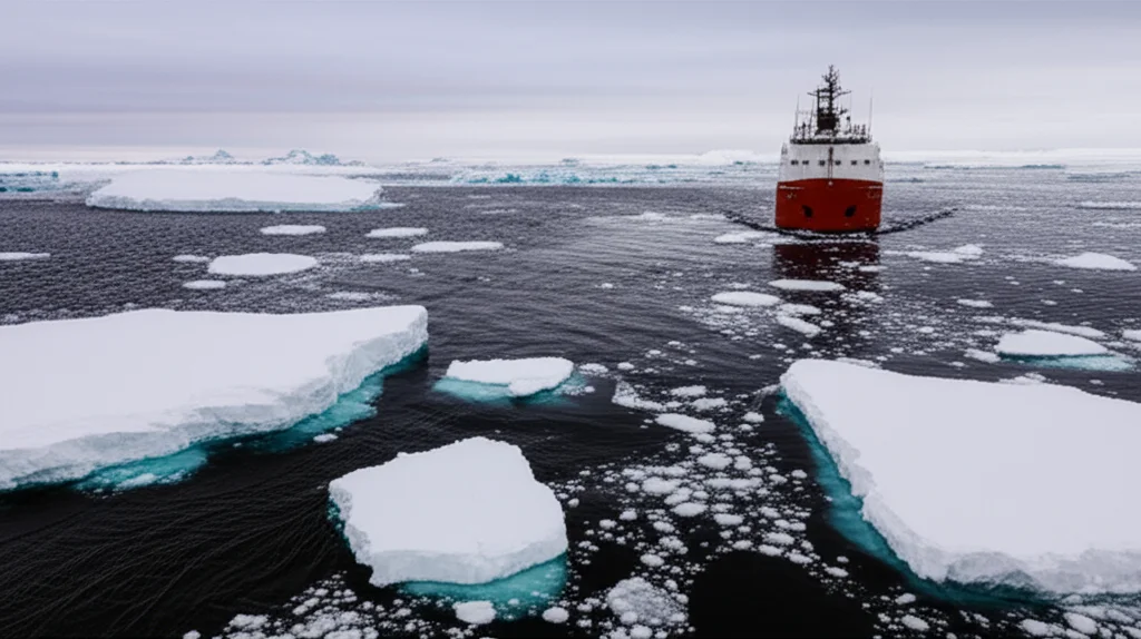 A research ship in icy Arctic waters, landscape wide angle 10mm, sharp focus.