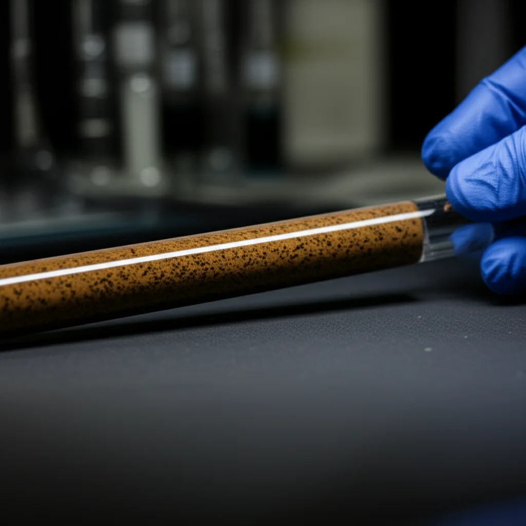 A sediment core sample being examined in a lab, macro lens, 60mm, high detail, controlled lighting.