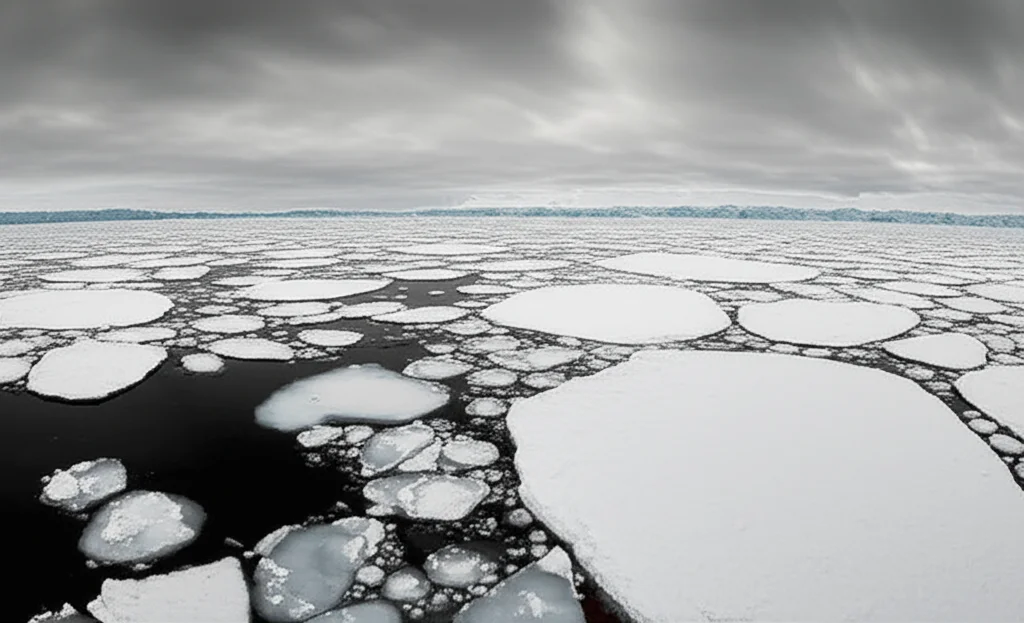 A wide-angle view showing both open water and dense pack ice in the Arctic, landscape wide angle 10mm, long exposure.