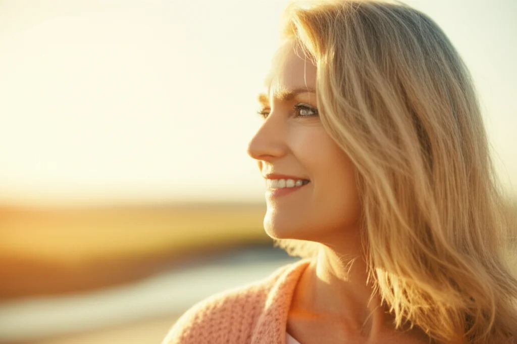 A hopeful woman looking towards a bright horizon, representing progress in cancer treatment, 35mm portrait, depth of field, warm lighting