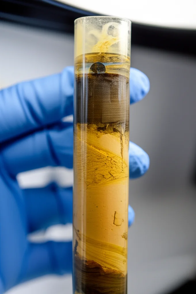 A sediment core sample being analyzed in a laboratory, macro lens, 60mm, high detail, controlled lighting.