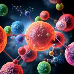 A close-up, artistic representation of various metabolites as colorful, interconnected spheres and molecular structures against a dark, sophisticated background, with a subtle overlay of a colorectal cancer cell image. Macro lens, 90mm, high detail, precise focusing, with dramatic, controlled lighting to create a sense of depth and scientific discovery.