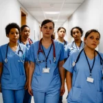 Portrait photography of a diverse group of ICU nurses in a hospital hallway, looking thoughtful yet resilient. 35mm lens, film noir style with deep shadows and soft highlights, emphasizing their dedication and the serious nature of their work.