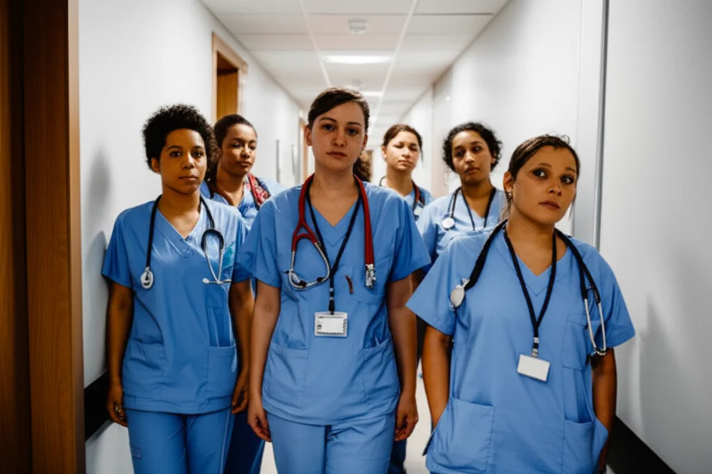 Portrait photography of a diverse group of ICU nurses in a hospital hallway, looking thoughtful yet resilient. 35mm lens, film noir style with deep shadows and soft highlights, emphasizing their dedication and the serious nature of their work.