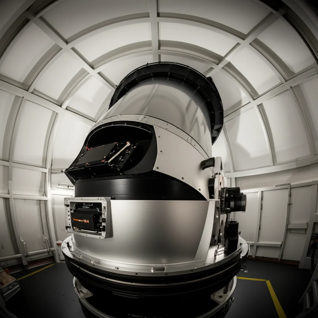Wide-angle 10mm photo of a scientific instrument observing the sky, sharp focus, suggesting atmospheric research.