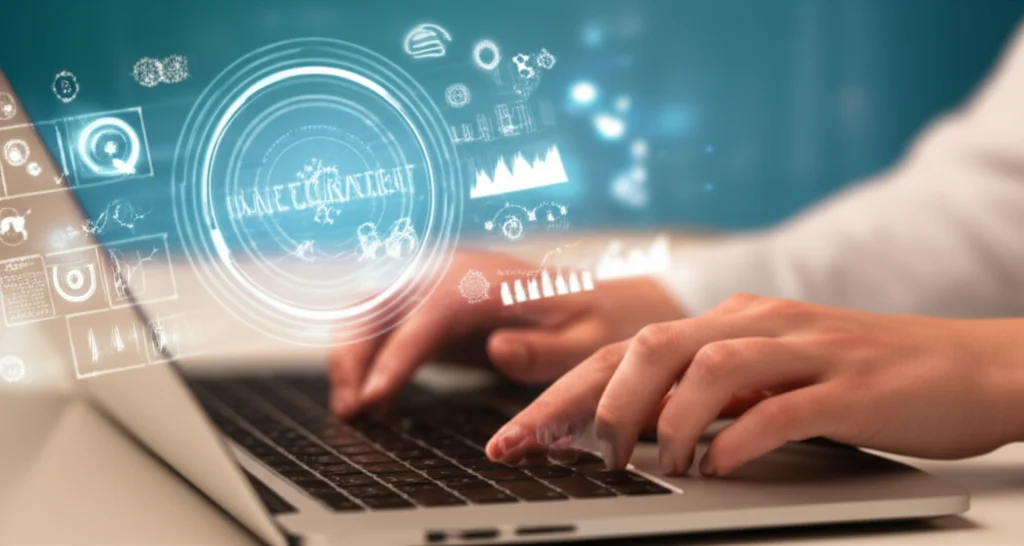 A close-up shot of a healthcare professional's hands typing on a laptop, with medical data displayed on the screen, representing the review of digital patient intake. Macro lens, 60mm, high detail.