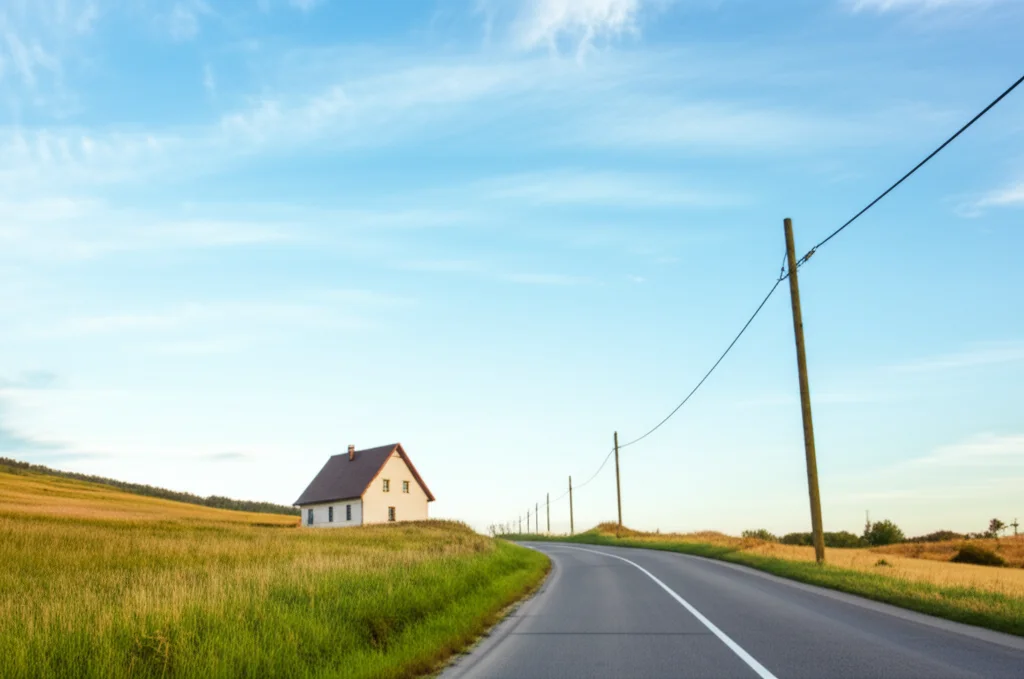 A wide-angle landscape photo showing a winding road through a peaceful countryside, with a small house in the distance, symbolizing reduced travel and increased accessibility. Wide-angle lens, 24mm, sharp focus.