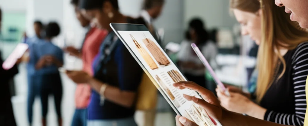 A wide-angle shot of diverse people interacting with digital screens in a modern setting, depicting online shopping, sharp focus