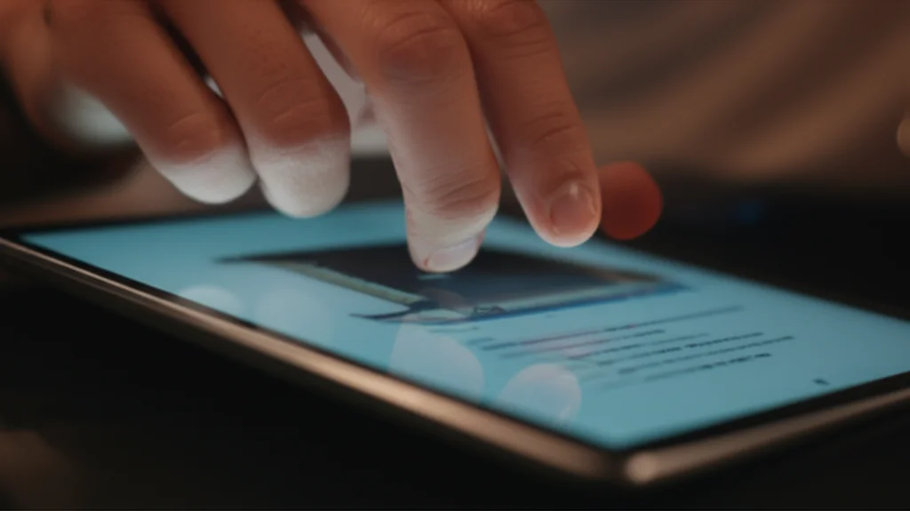 A macro lens shot at 100mm showing a person's hand scrolling on a tablet, focusing on detailed product information on the screen, high detail, precise focusing, controlled lighting