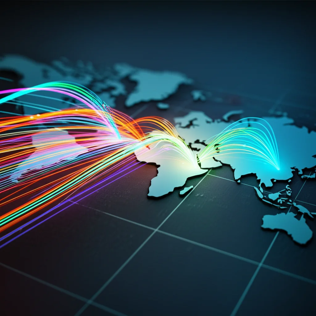 A dynamic image showing data streams flowing over a digital map, representing e-commerce user behavior analysis, fast shutter speed, movement tracking