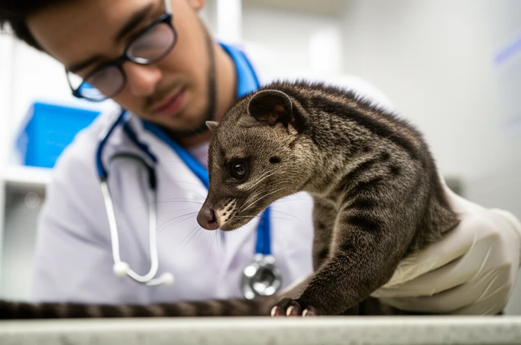 Veterinarian or researcher carefully handling a common palm civet during a health check, portrait, 35mm, depth of field.