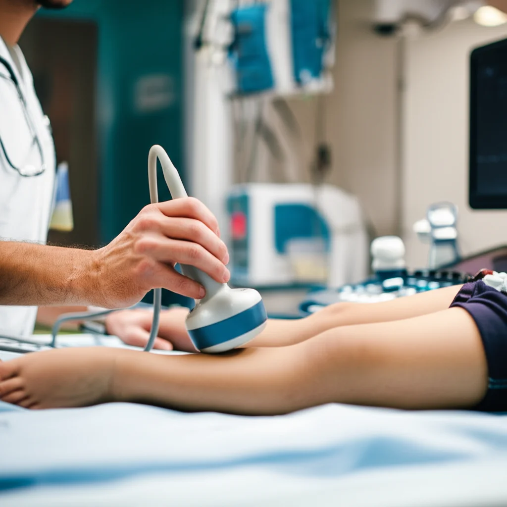 A pediatric intensive care unit setting, a medical professional using a portable ultrasound machine on a child's leg, 35mm portrait, depth of field