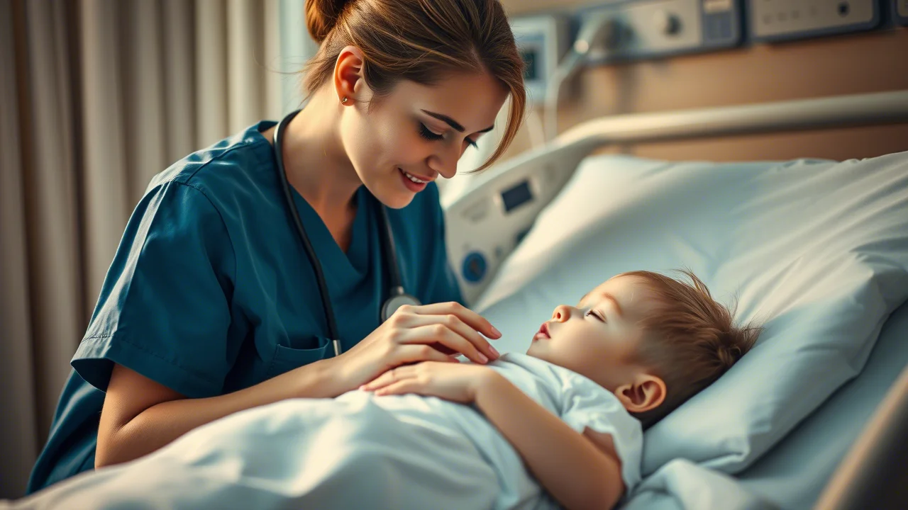 A caring medical professional gently checking on a child in a hospital bed, soft lighting, 35mm portrait