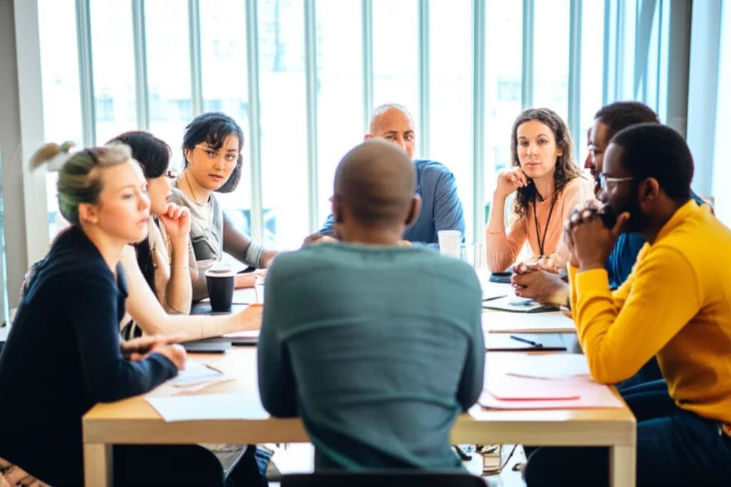 Group of diverse people sitting around tables in a workshop setting, engaged in discussion, representing a 'World Cafè' activity, 24mm zoom lens, depth of field, natural lighting.