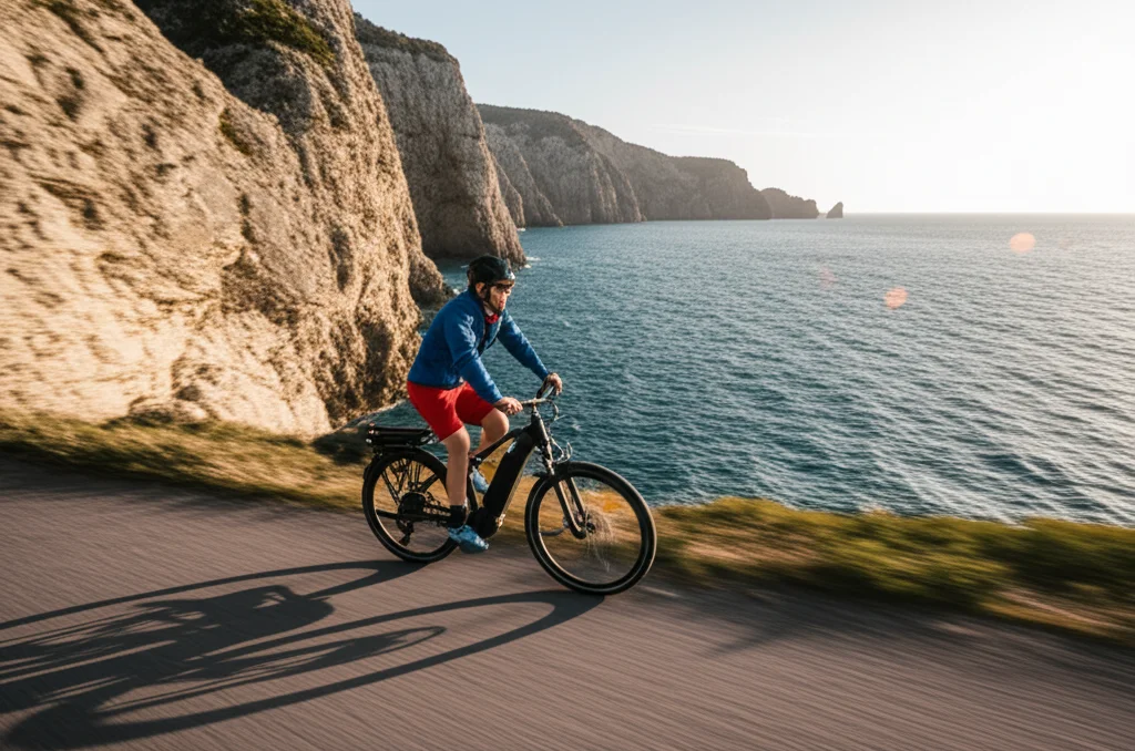 Person riding an e-bike on a coastal trail with views of cliffs and the sea, demonstrating sustainable tourism and outdoor activity, telephoto zoom lens, 100mm, fast shutter speed, movement tracking.