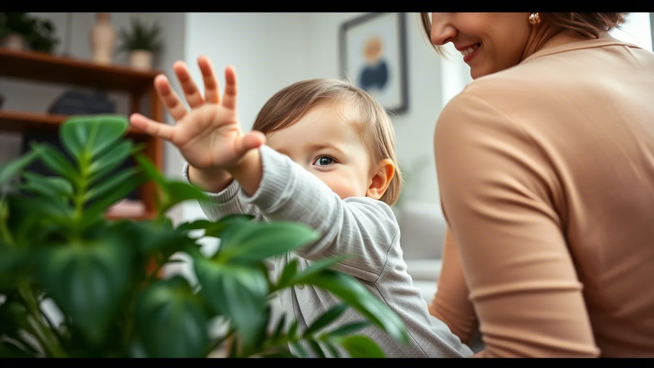 A photorealistic image of an 11-month-old baby girl reaching playfully towards a houseplant, glancing back at her mother with a mischievous smile. 35mm portrait lens, high detail, controlled lighting.