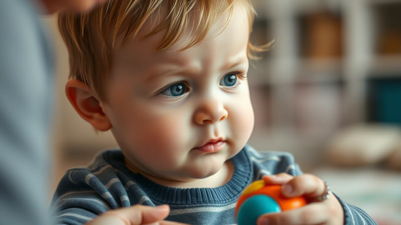 A photorealistic image of a toddler, around 18 months old, shaking their head 'no' while looking at an adult offering a toy. 35mm portrait lens, precise focusing, depth of field.