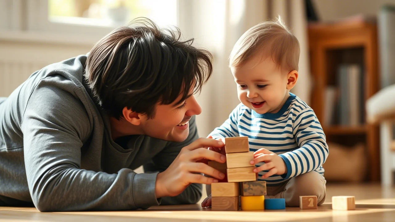 A photorealistic image of an adult and a toddler (around 18 months) engaged in a simple joint activity, perhaps stacking blocks or sharing a book, showing mutual responsiveness and engagement. 35mm portrait lens, natural lighting, capturing interaction.