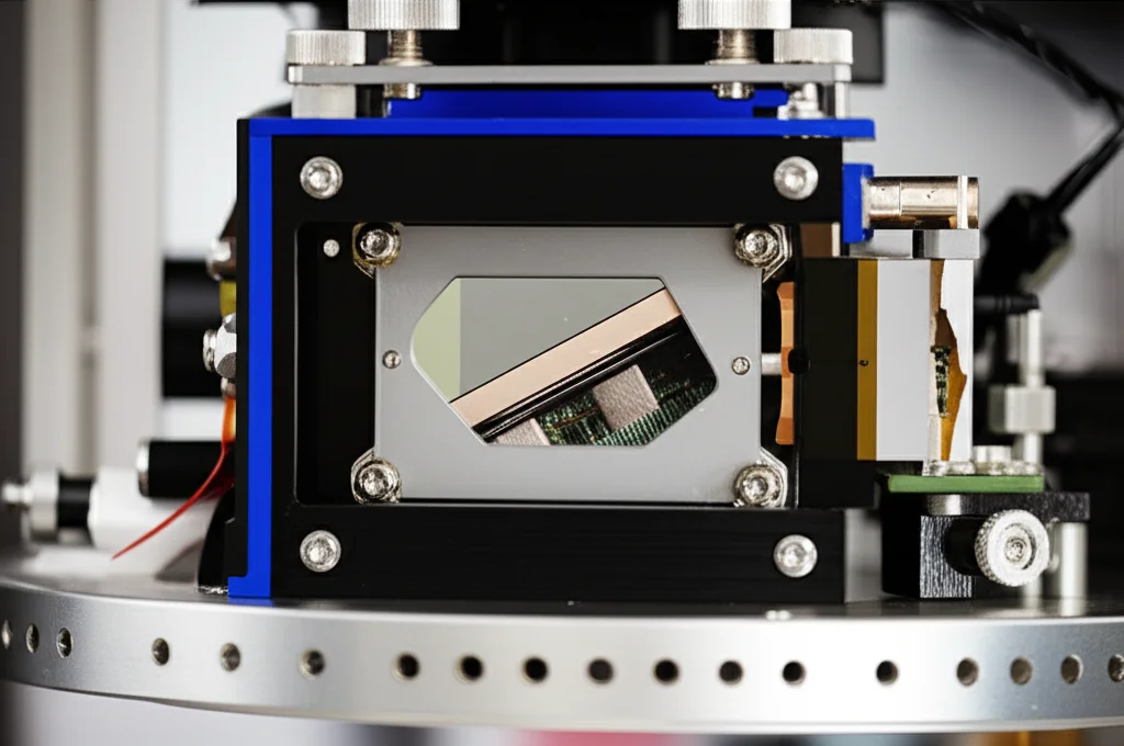 Close-up macro view of the SUSI instrument's optical bench with mirrors and grating visible, macro lens 100mm, high detail, controlled lighting.