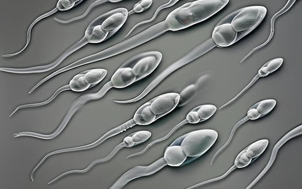 Close-up macro lens 100mm shot of sperm cells under a microscope, showing variations in morphology with high detail and precise focusing under controlled lighting.