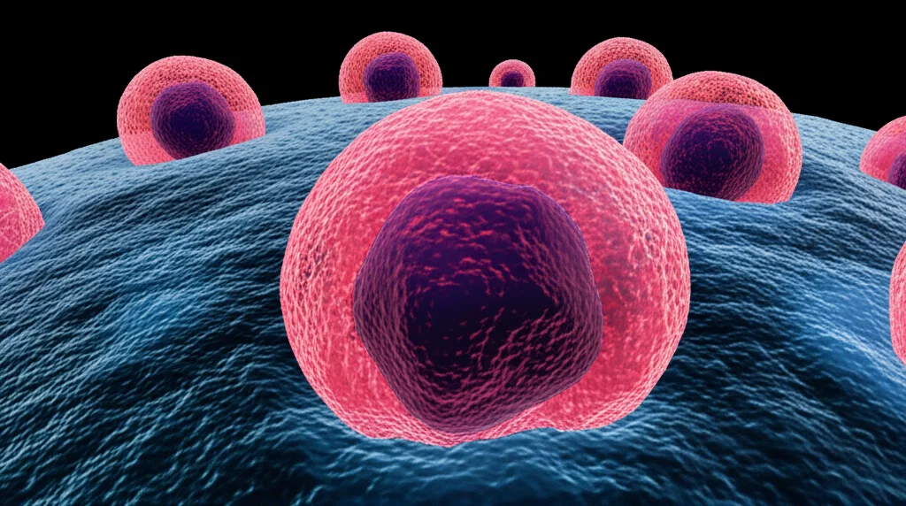 A conceptual image showing immune cells interacting with reproductive cells, depicted with high detail and precise focusing using a macro lens 60mm, under controlled lighting.