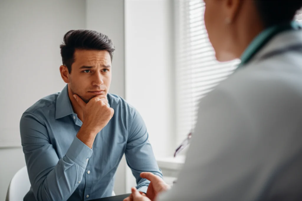 A photorealistic 35mm portrait of a person with Hypertrophic Cardiomyopathy discussing exercise concerns with a doctor, depth of field.