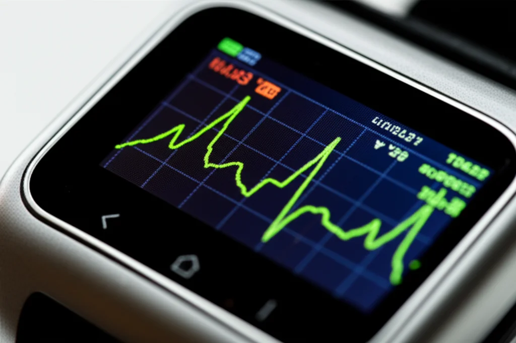 A photorealistic macro lens shot, 60mm, showing a heart rate monitor screen with a healthy ECG trace and numerical data, precise focusing, controlled lighting.