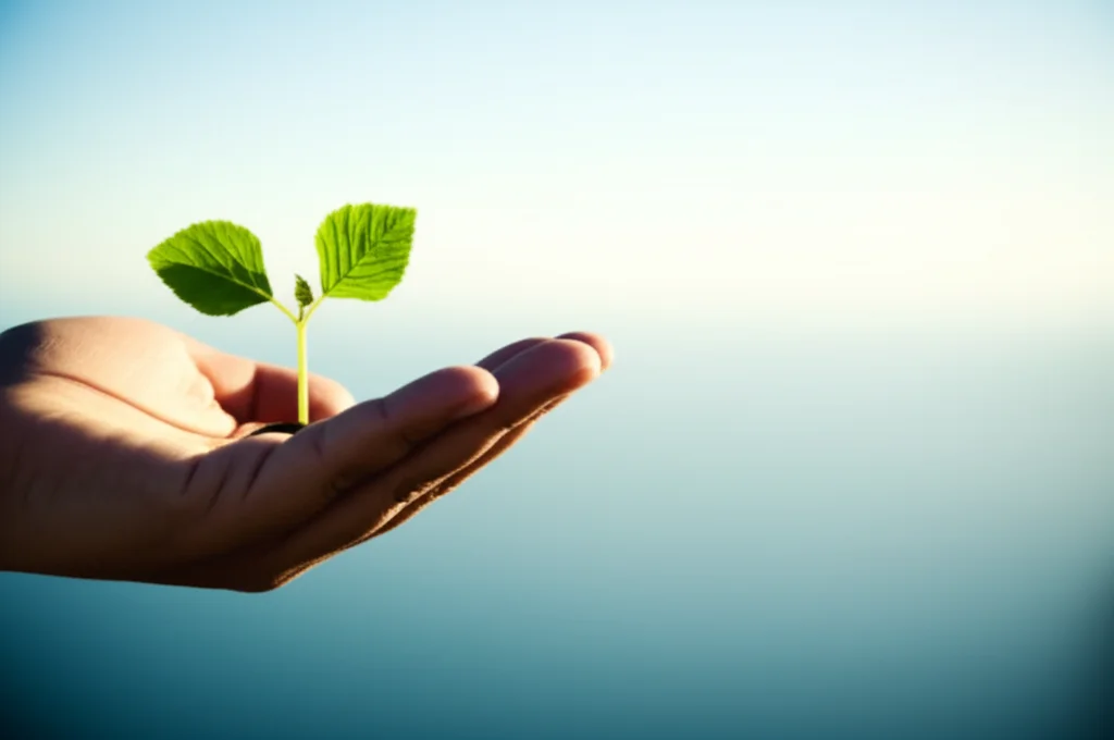 A symbolic image representing hope and future, perhaps a hand holding a small plant or a clear horizon, captured with a wide-angle lens 24mm, sharp focus, long exposure for smooth elements.