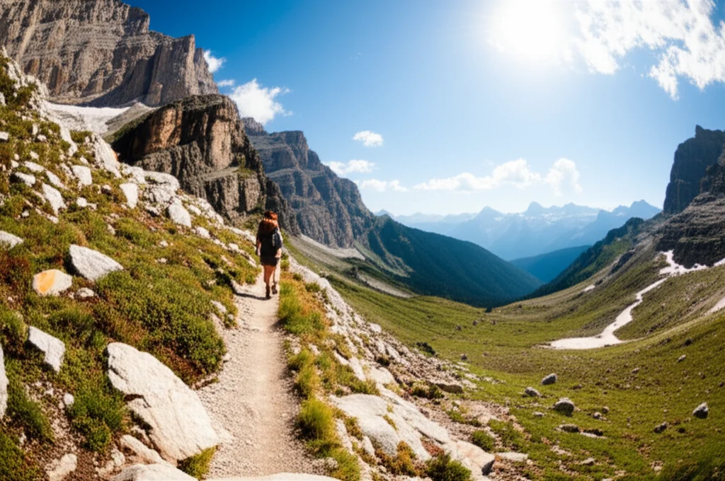 A photorealistic wide-angle landscape, 24mm, showing a person hiking on a trail in a beautiful setting, sharp focus, suggesting enjoying physical activity outdoors.