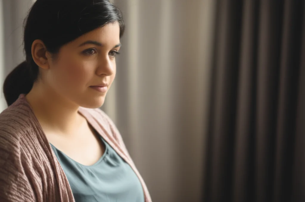 A close-up portrait of a thoughtful pregnant woman, 35mm portrait, shallow depth of field, natural light.