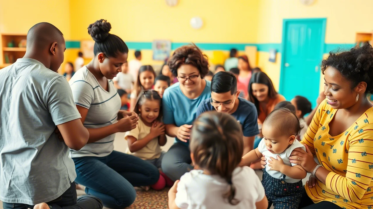 A group of diverse parents and babies interacting in a bright community center, wide-angle lens, 24mm, sharp focus.
