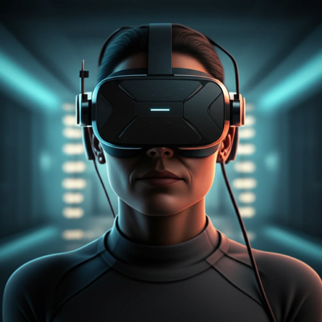 A photorealistic image of a person wearing a VR headset in a modern, sterile clinical room, 35mm portrait, depth of field, controlled lighting.