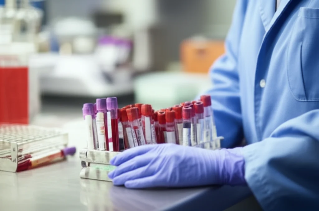 A laboratory technician carefully handling multiple types of blood collection tubes, arranged neatly on a stainless steel benchtop. The image uses a 35mm prime lens to create a shallow depth of field, focusing sharply on the tubes in the foreground with a blurred background of lab equipment, creating a photorealistic and professional look.