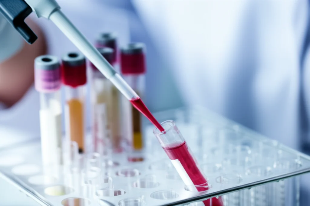 A close-up macro shot of a scientist pipetting a sample into a microcentrifuge tube, with a rack of various colored blood collection tubes blurred in the background. The image uses a 100mm macro lens with precise focusing on the pipette tip and sample, highlighting the intricate detail of laboratory work under controlled lighting.