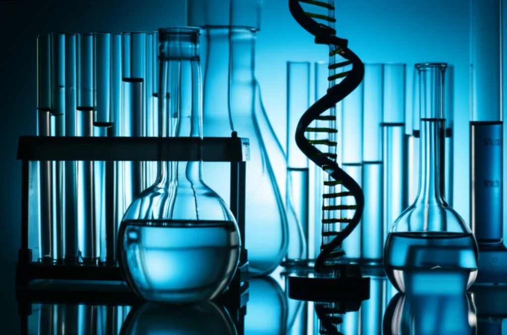 Still life photography of laboratory equipment including test tubes and a DNA helix model, macro lens, 100mm, high detail, controlled lighting.