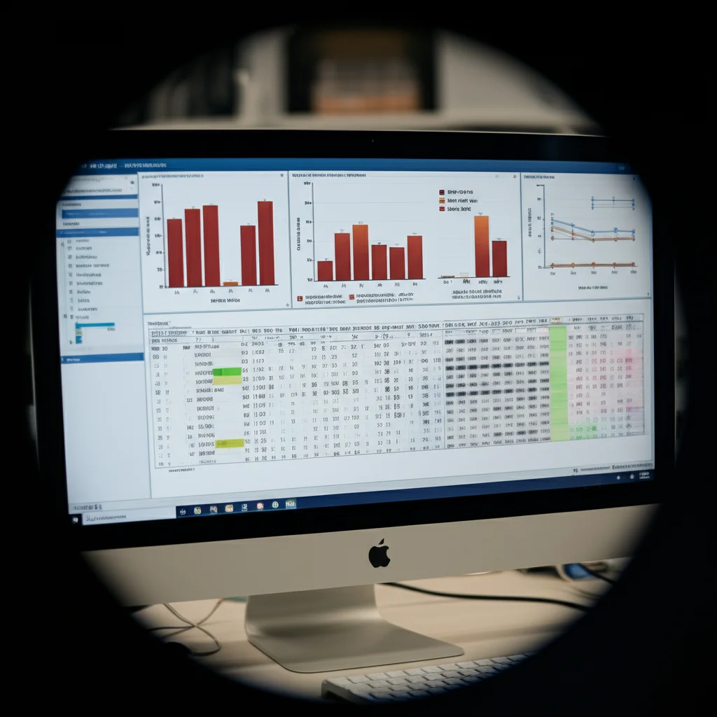 A heatmap visualization showing the performance metrics of different RNA purification methods and blood collection tubes. The image uses a wide-angle lens (24mm) to capture the full complexity of the data visualization on a computer screen in a lab setting, with charts and graphs visible in the background, emphasizing the data-driven nature of the study.
