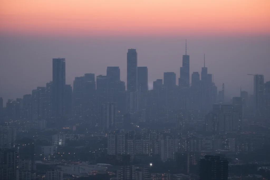 Wide-angle landscape photography of an urban cityscape at dusk, 24mm lens, with subtle atmospheric haze suggesting pollution, sharp focus.