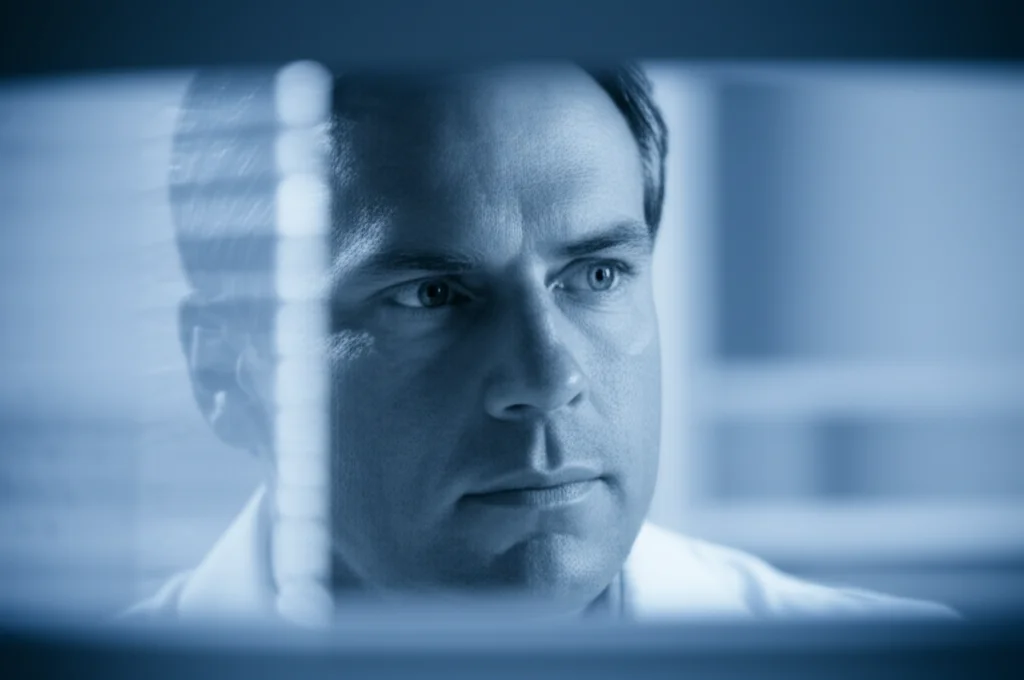 Portrait photography of a medical researcher looking at data on a screen, 35mm lens, depth of field, blue and grey duotones, suggesting scientific focus.