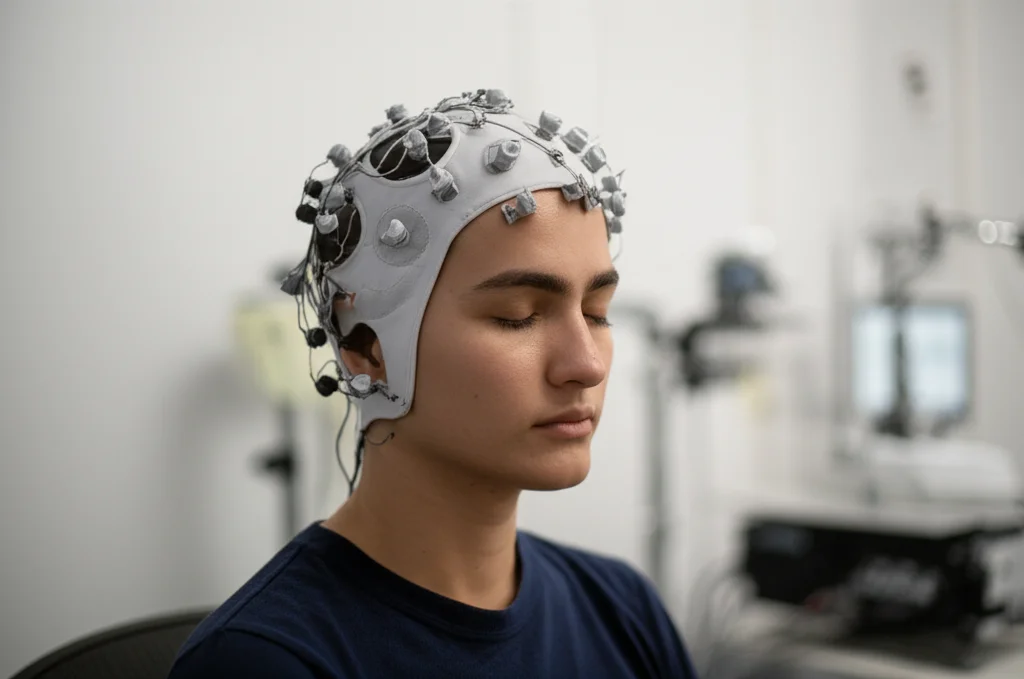 A photorealistic 35mm portrait of a young adult participant wearing an fNIRS cap with probes, sitting calmly in a quiet, softly lit room, eyes closed, with a subtle depth of field blurring the background equipment. High detail, controlled lighting.