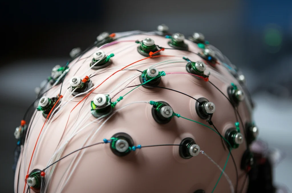 A photorealistic close-up shot of fNIRS probes and optical fibers attached to a head model, illustrating the technology. Macro lens, 60mm, high detail, precise focusing, controlled lighting.
