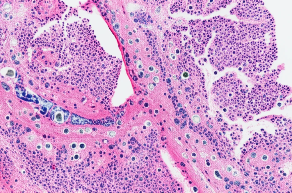 Macro lens, 100mm, high detail, precise focusing, controlled lighting: Microscopic image of kidney tissue showing tubules and glomeruli, with some areas stained to indicate protein expression or damage.