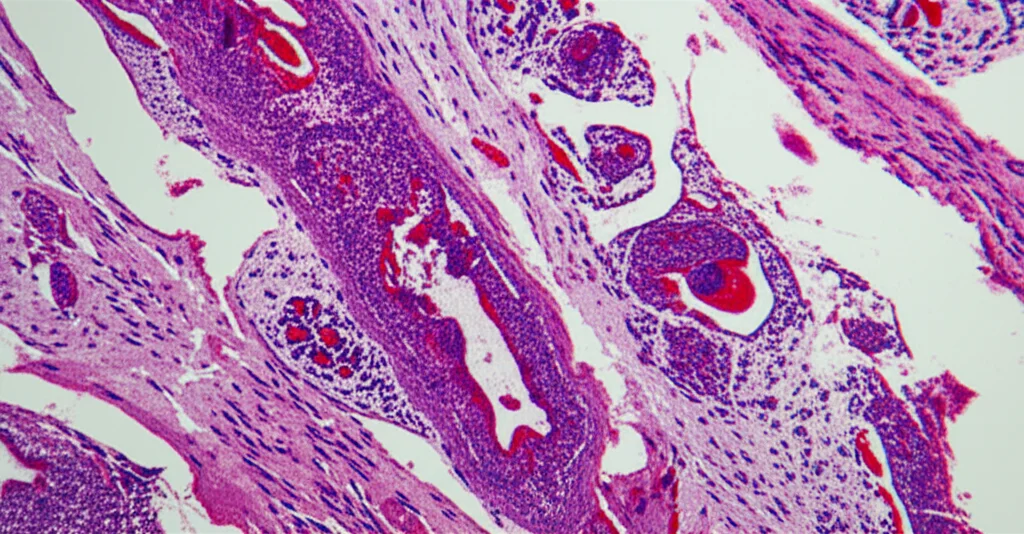 Macro lens, 60mm, high detail, precise focusing, controlled lighting: Microscopic view showing clusters of immune cells (stained green) next to areas of excessive collagen deposition (stained red) in damaged kidney tissue.