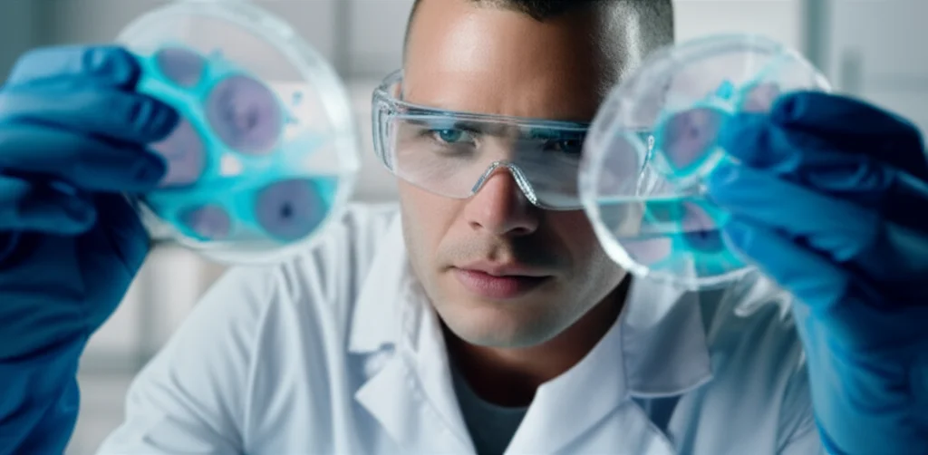 Prime lens, 35mm portrait, depth of field: A medical researcher looking thoughtfully at kidney cell culture slides in a laboratory, conveying the focus on finding new treatments.