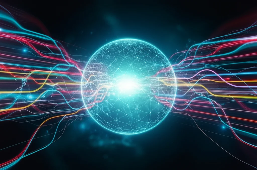 A conceptual image representing different types of medical data streams merging into a secure digital sphere, wide-angle lens, 24mm, sharp focus, controlled lighting