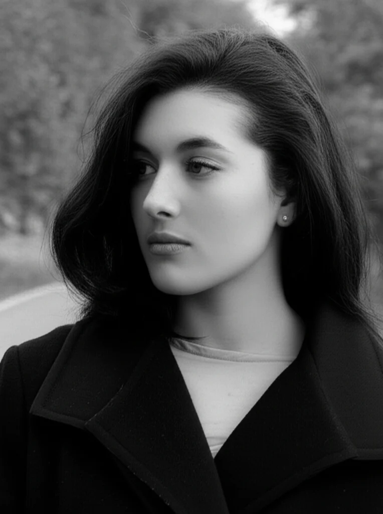 Portrait photography, 35mm portrait, film noir, depth of field, depicting a woman looking thoughtfully into the distance, suggesting introspection about life paths and challenges.